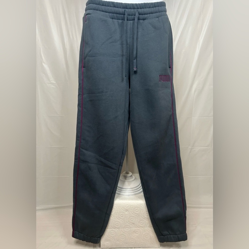 Puma Gray Blue Jogger Sweatpants Small Fuchsia Stripe Logo NWOT
